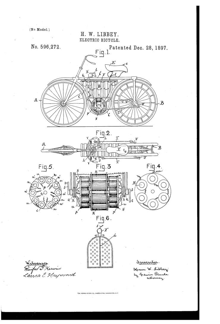 Picture Of Patent Drawing For  Electric Bicycle 1895